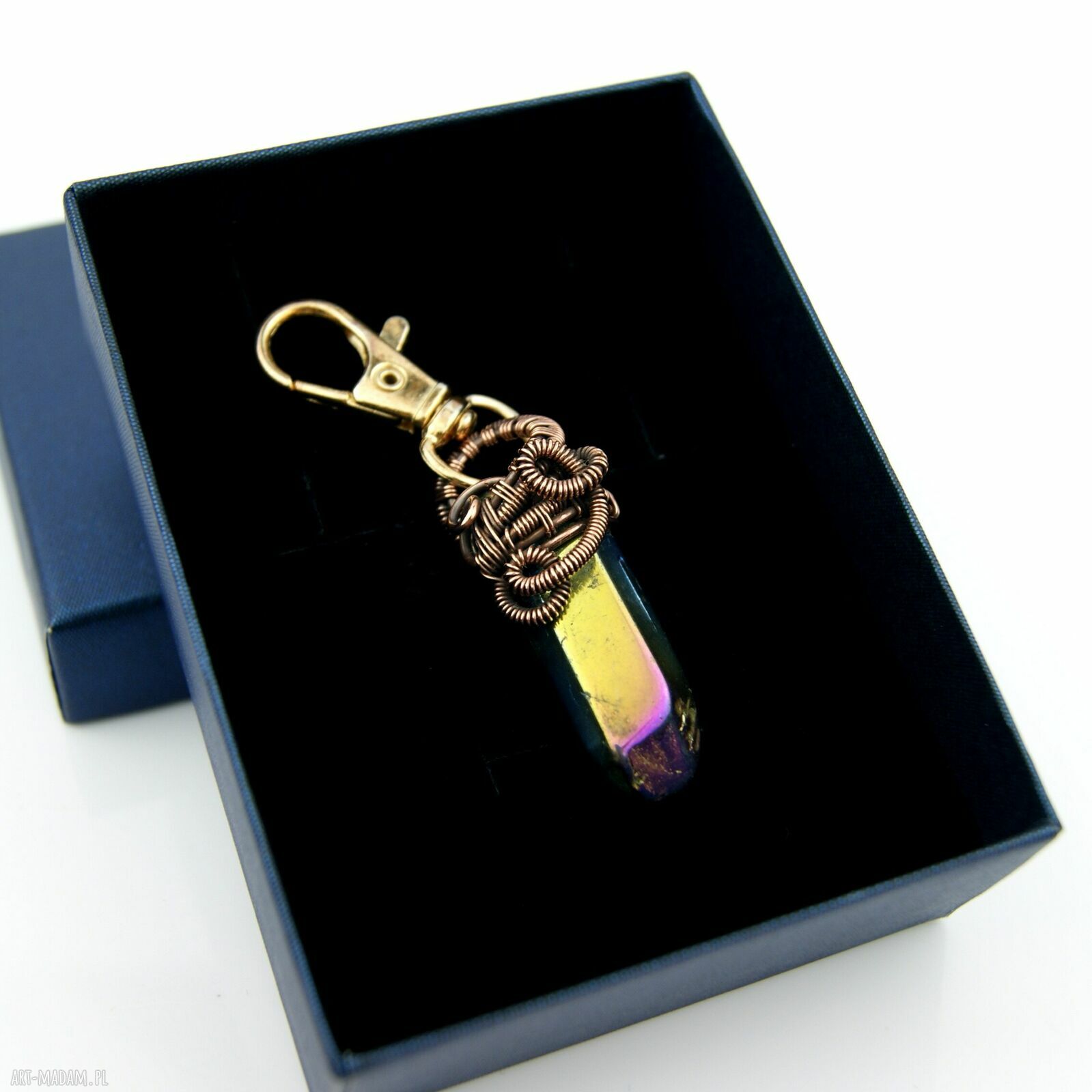 Brelok do kluczy z kwarcem tytanowym w technice wire wrapping