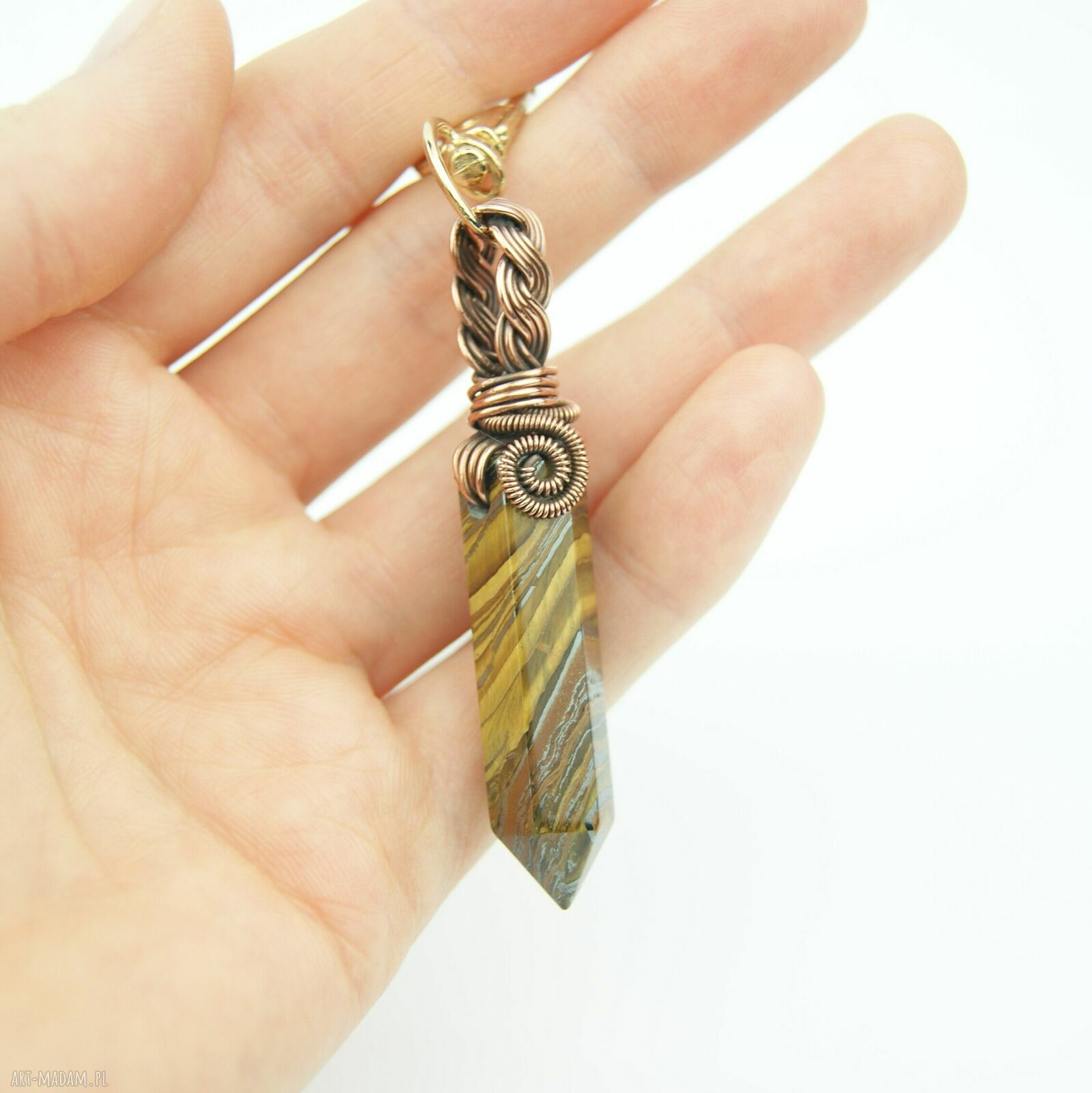 Brelok wire wrapping z tygrysim okiem - miedziany drut jubilerski, oksydowany