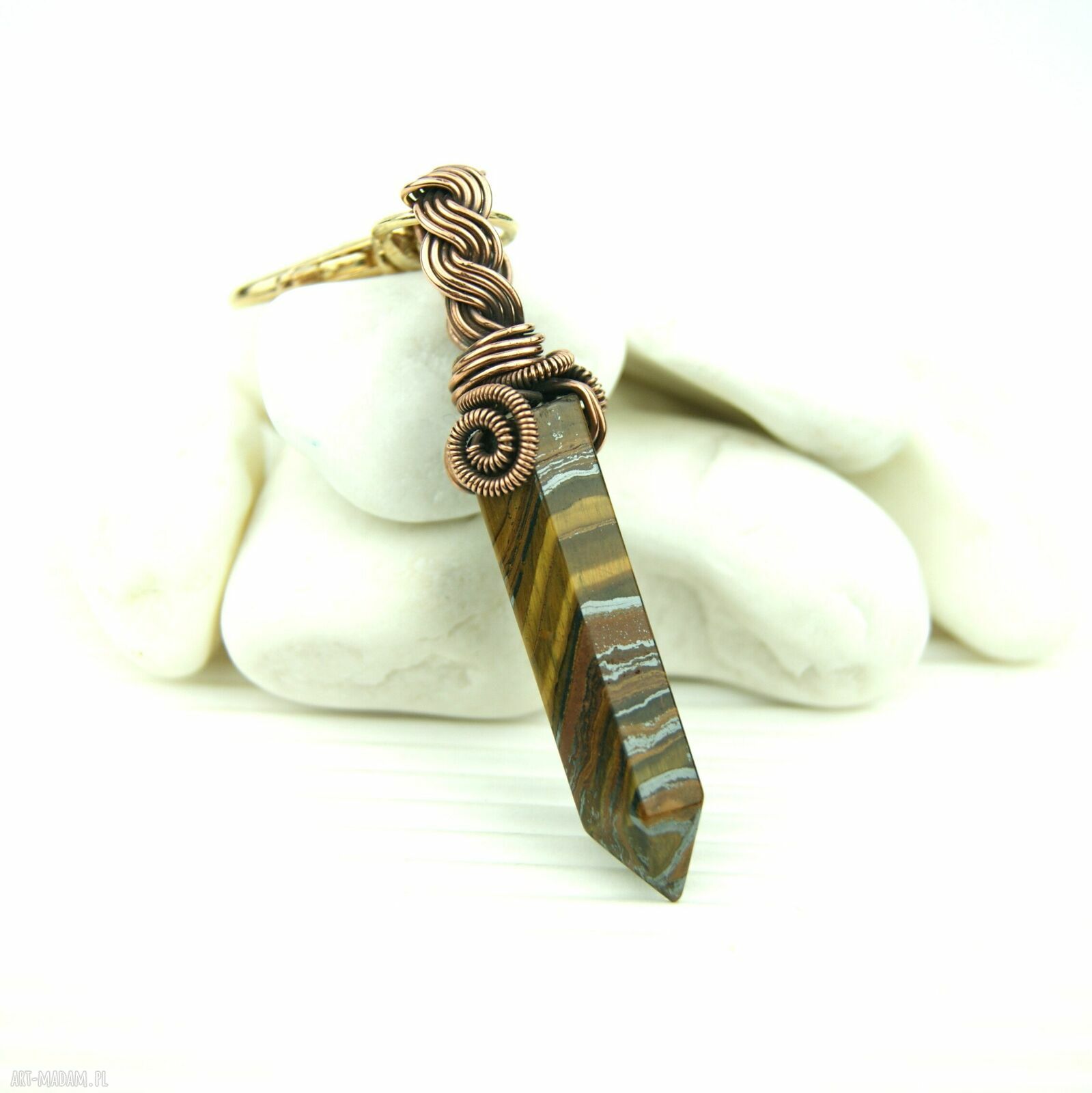 Brelok wire wrapping z tygrysim okiem - miedziany drut jubilerski, oksydowany