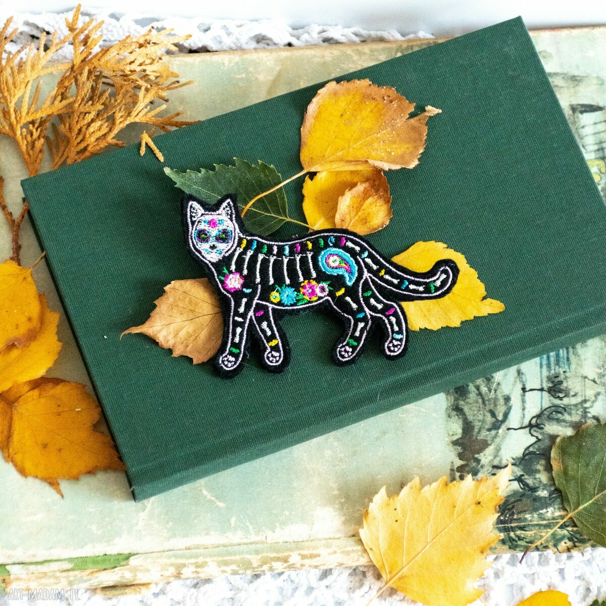 Broszka haftowana Meksykański kot Día de los Muertos
