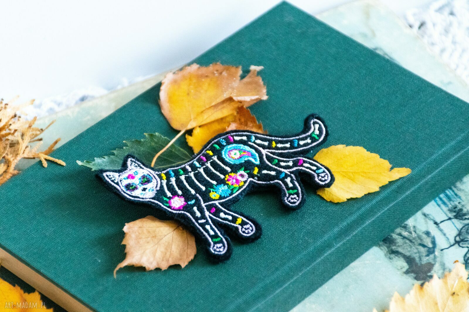 Broszka haftowana Meksykański kot Día de los Muertos