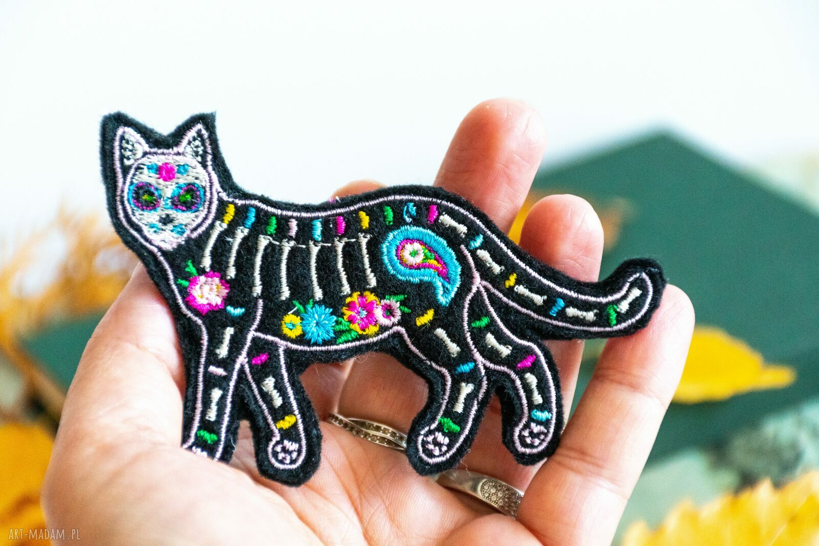 Broszka haftowana Meksykański kot Día de los Muertos