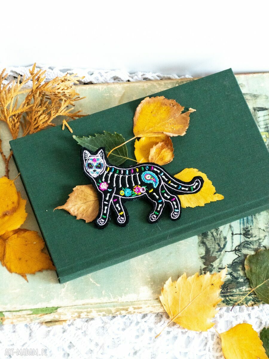 Broszka haftowana Meksykański kot Día de los Muertos