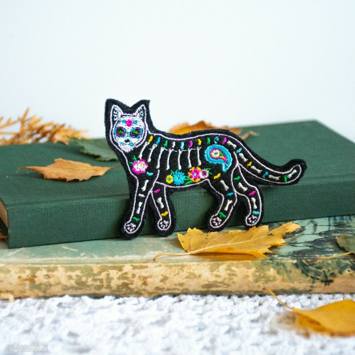 Broszka haftowana Meksykański kot Día de los Muertos