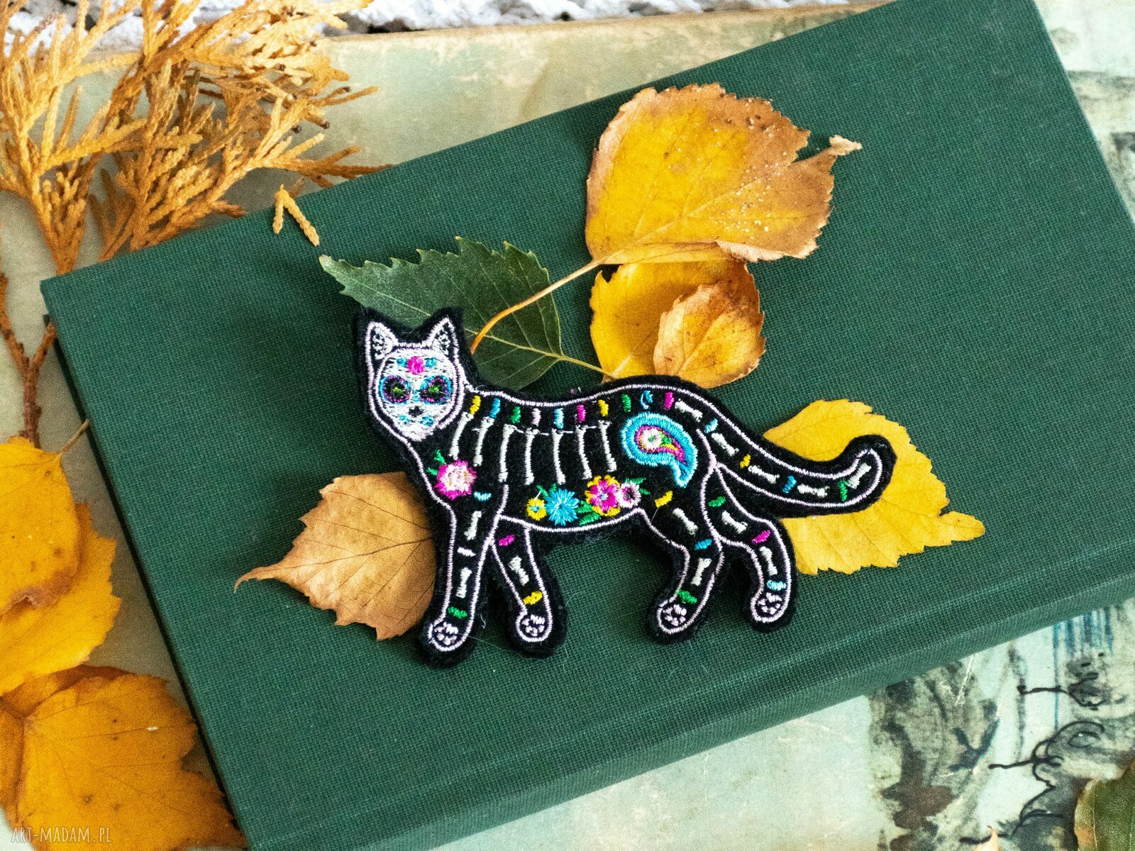 Broszka haftowana Meksykański kot Día de los Muertos
