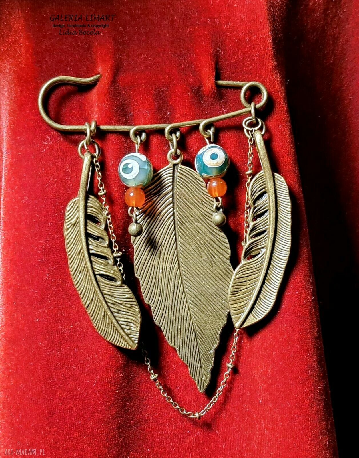 Broszka handmade boho z liściem laurowym na ozdobnej agrafce