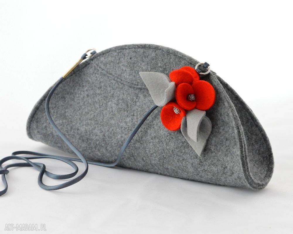 Mała Szara Filcowa Torebka Kopertowka z Czerwonymi Bratkami HandMade