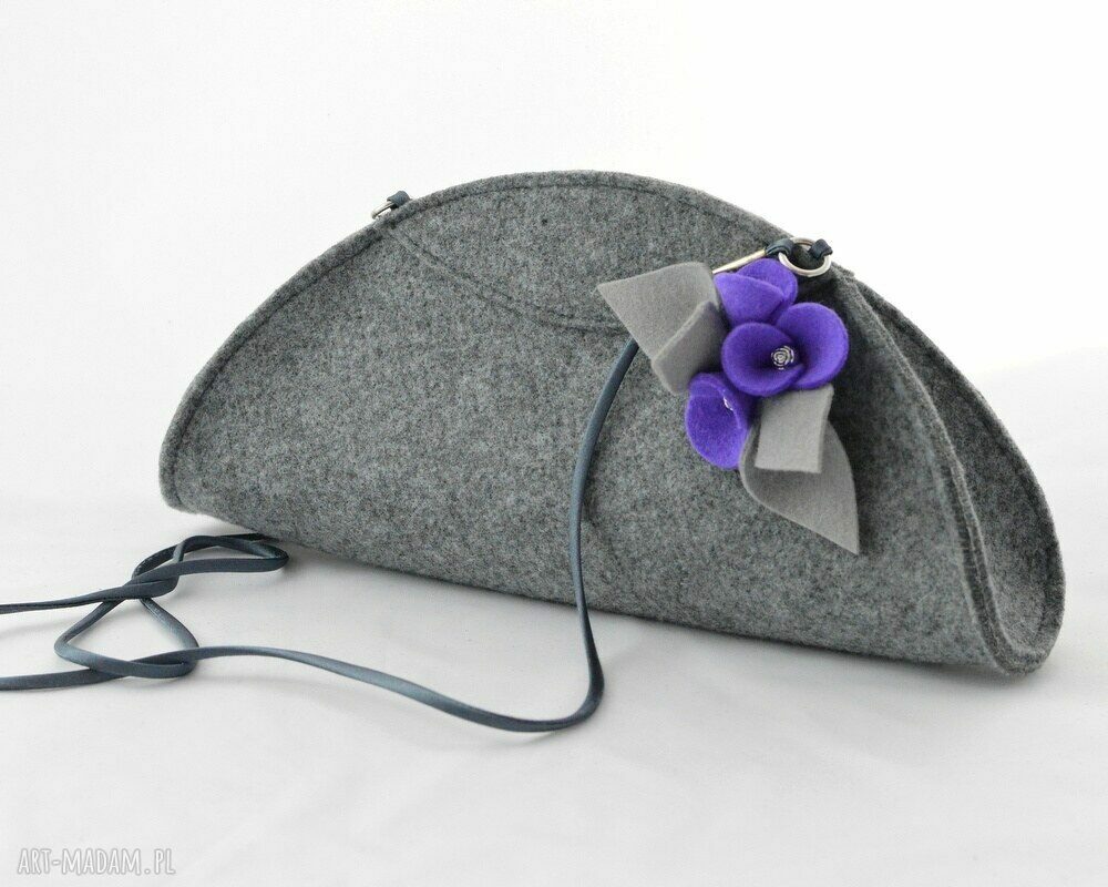 Mała Szara Torebka Kopertówka z Fioletowymi Kwiatkami handmade