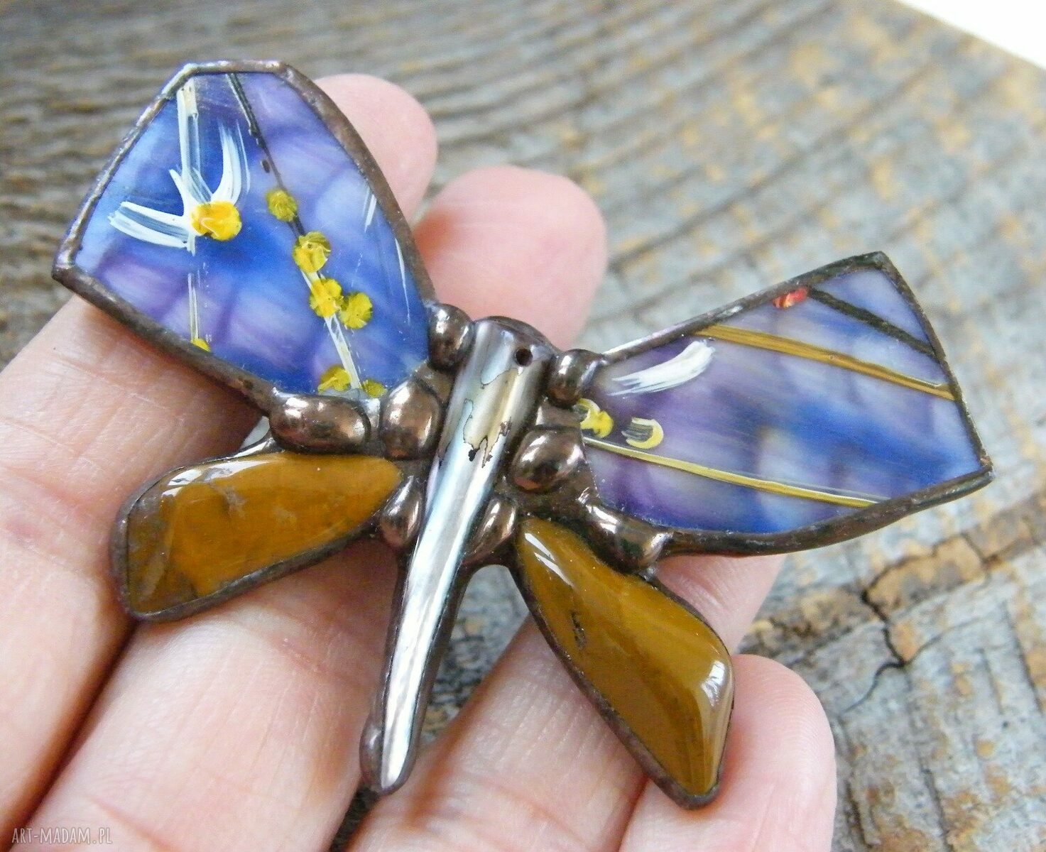 Broszka motyl malowany błękitno-miedziany - technika Tiffany, jaspis