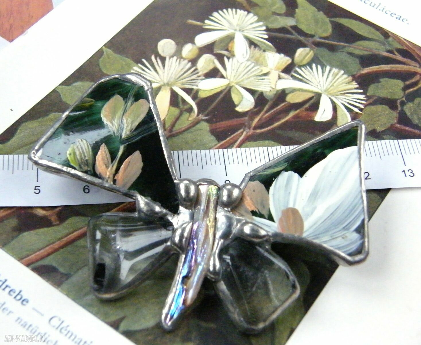 Broszka motyl z kryształem górskim technika Tiffany (7 x 5,5 cm)