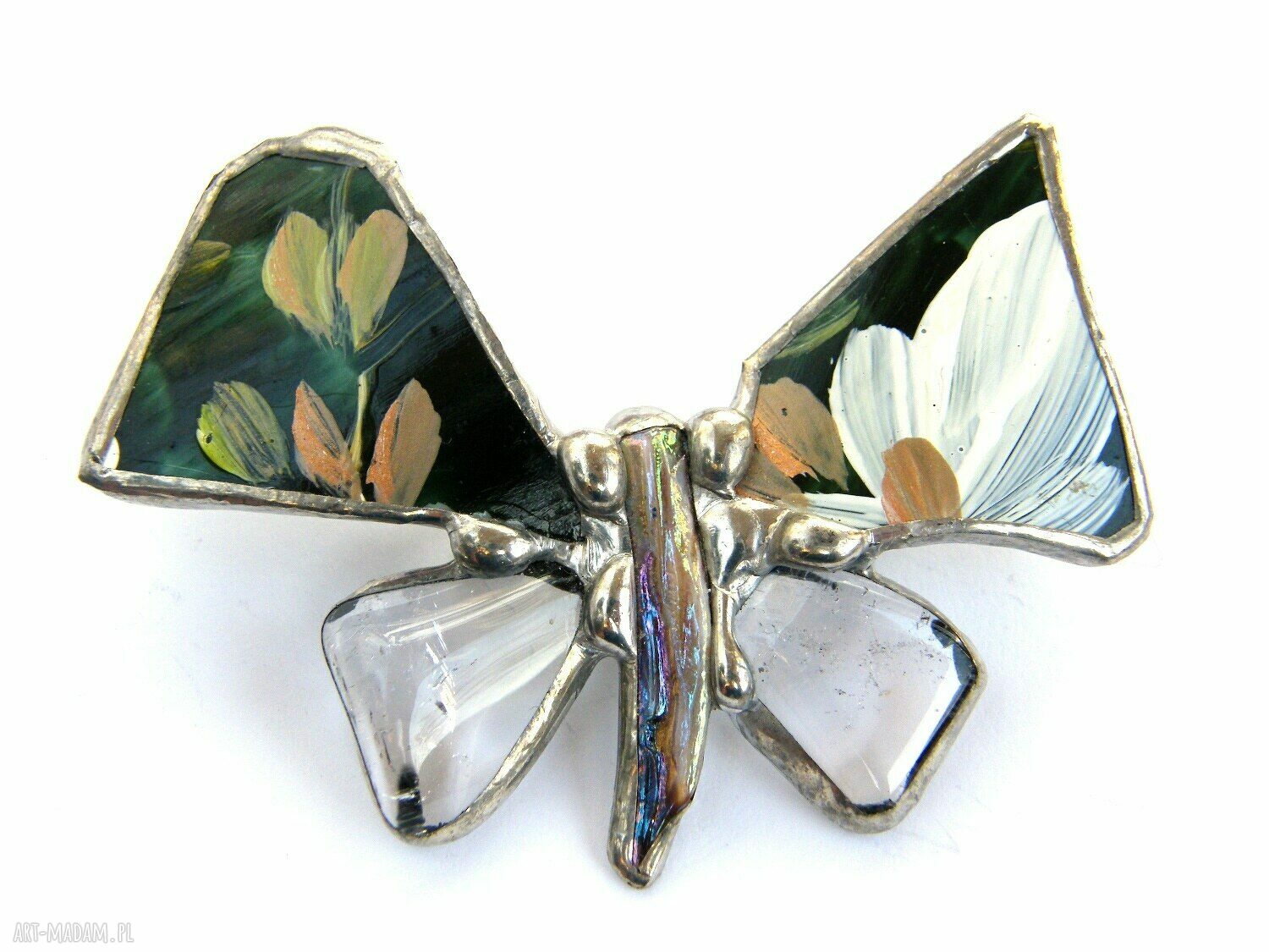 Broszka motyl z kryształem górskim technika Tiffany (7 x 5,5 cm)