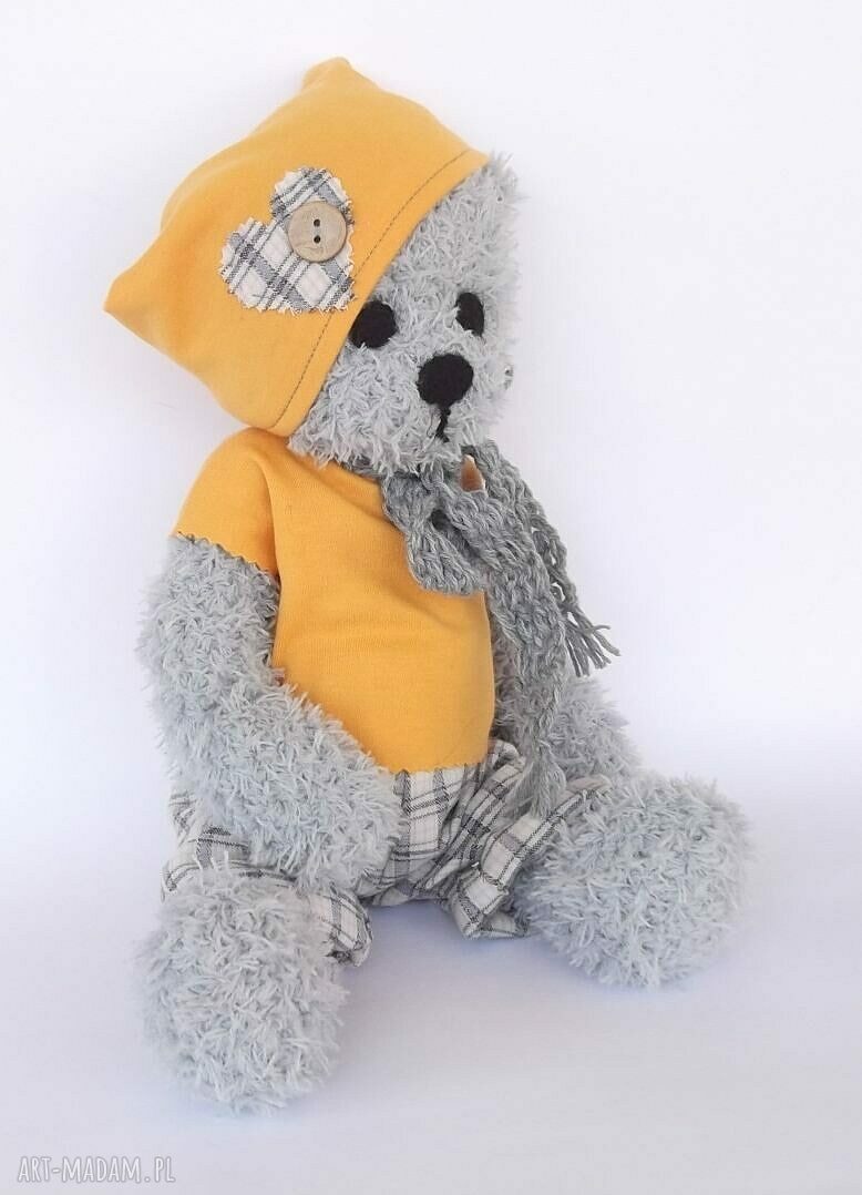 Miś Bruno szydełkowy handmade - szary i żółty, 38 cm