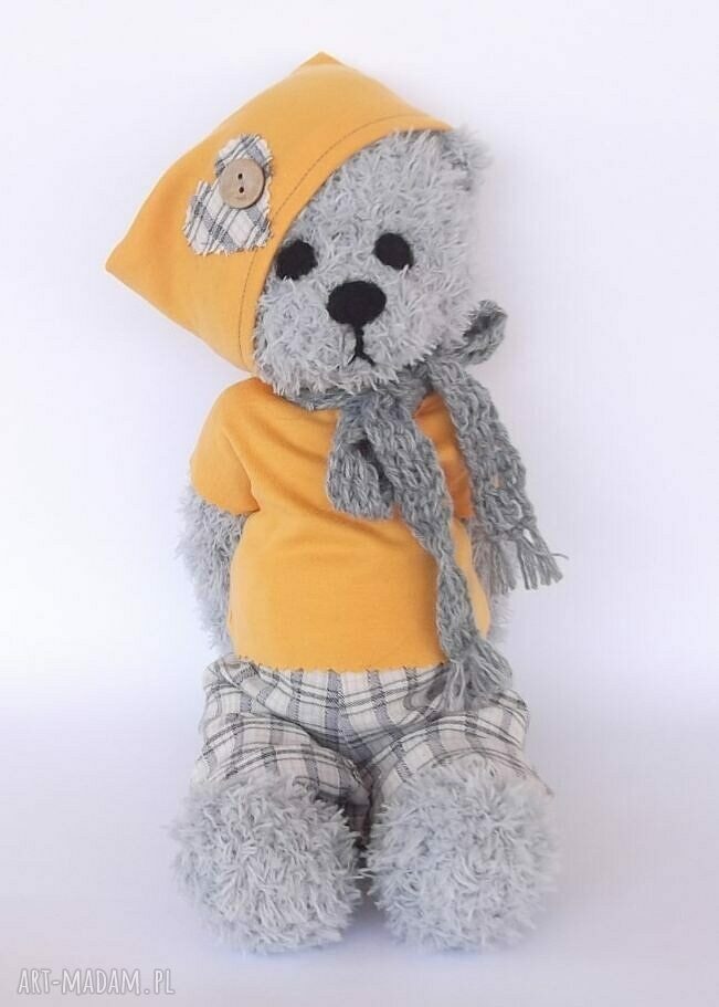 Miś Bruno szydełkowy handmade - szary i żółty, 38 cm