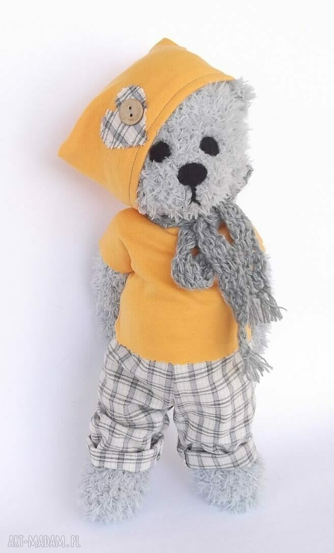 Miś Bruno szydełkowy handmade - szary i żółty, 38 cm