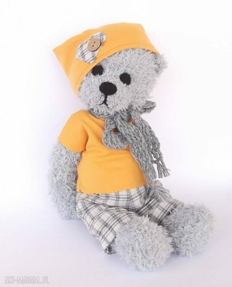 Miś Bruno szydełkowy handmade - szary i żółty, 38 cm