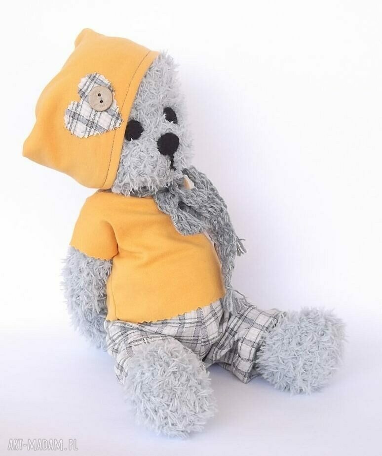Miś Bruno szydełkowy handmade - szary i żółty, 38 cm