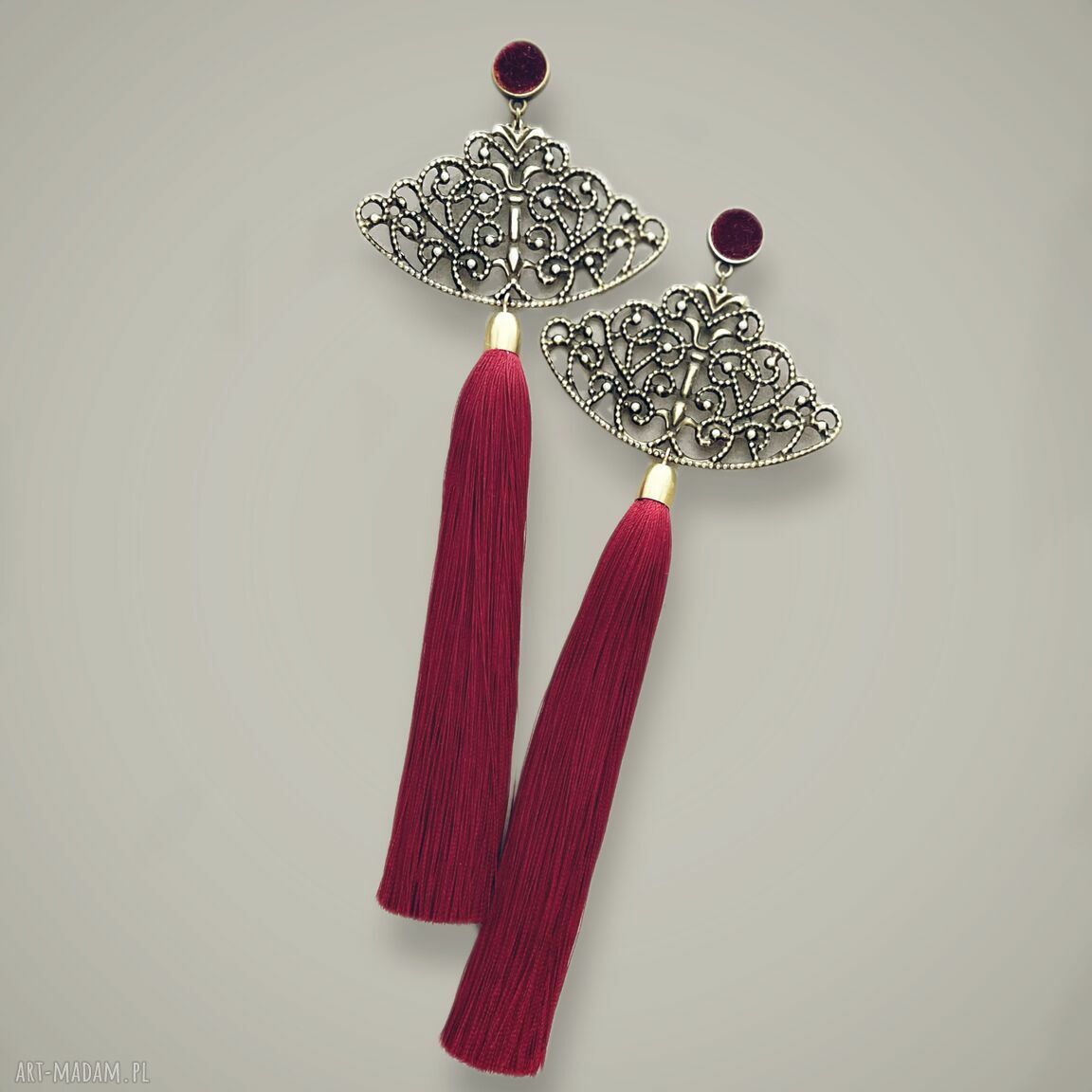 Kolczyki Brygida boho z chwostami - burgund i antyczne złoto (17,5 cm)