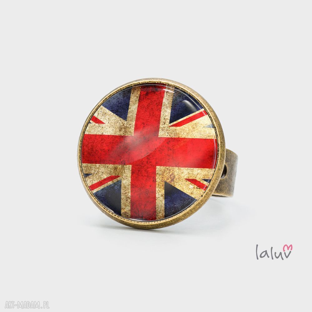 Regulowany pierścionek UK Anglia - królowa Brytyjskie z grafiką pod szkiełkiem