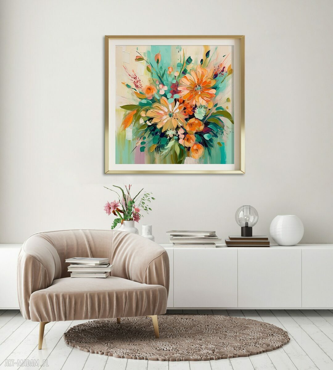 Nowoczesny obraz z kwiatami - bukiet pomarańczowych kwiatów 50x50 cm