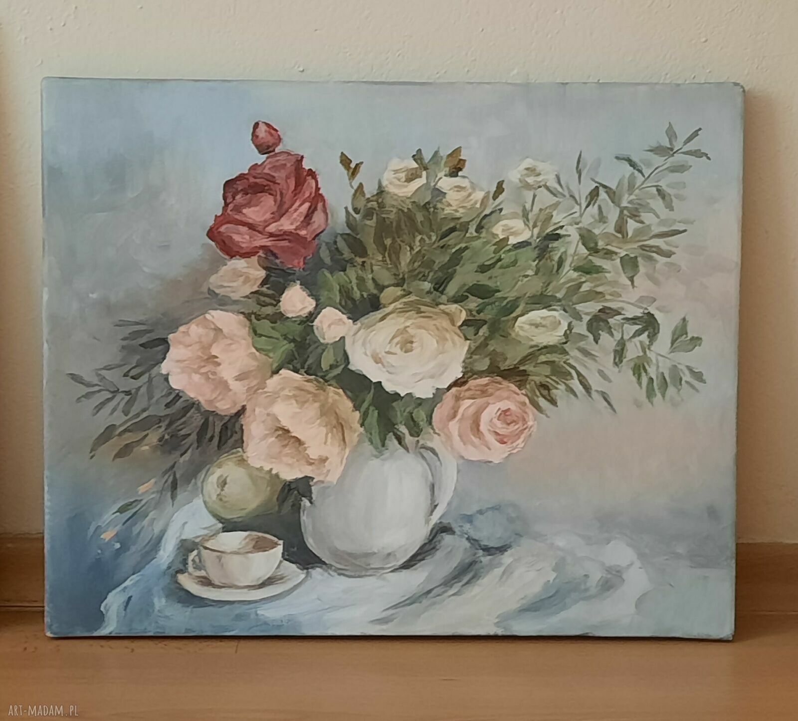 Bukiet piwonii i róż - obraz olejny na płótnie 40x50 cm