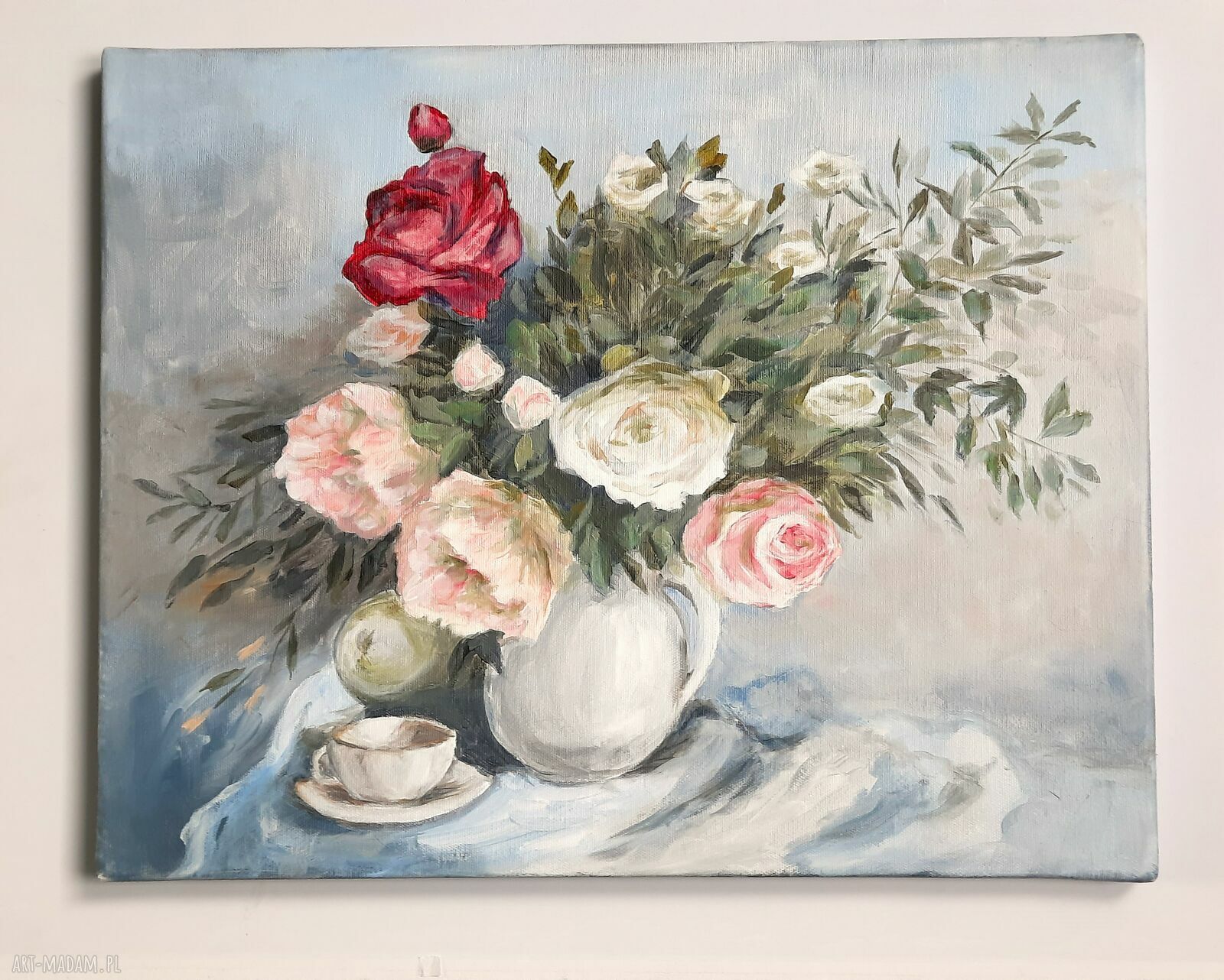 Bukiet piwonii i róż - obraz olejny na płótnie 40x50 cm