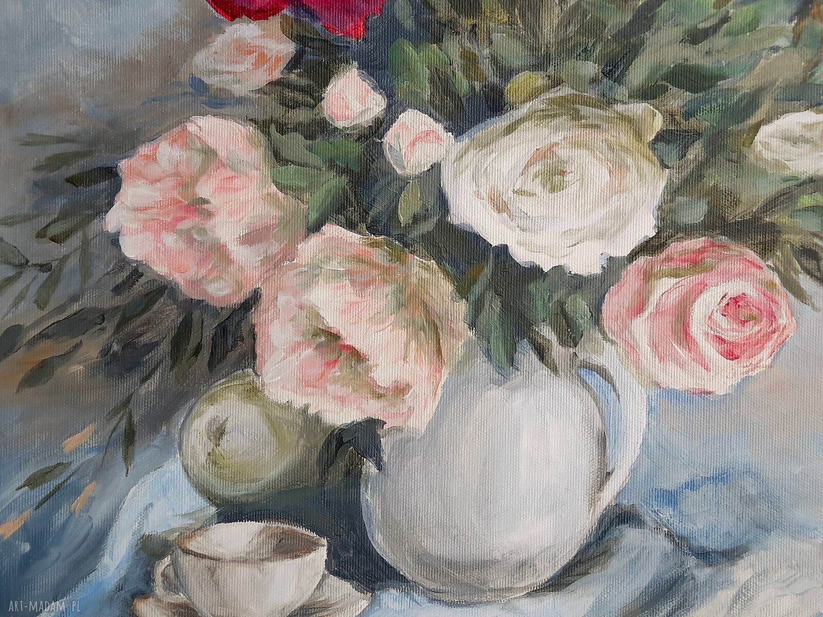 Bukiet piwonii i róż - obraz olejny na płótnie 40x50 cm