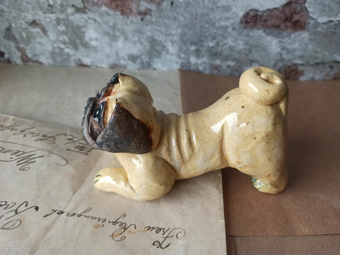 Buldożek angielski - figurka ceramiczna handmade do domu i lasów w słoiku