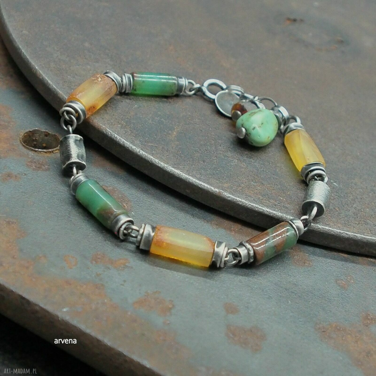 Bransoletka bursztyn i chryzopraz ze srebra 925 oksydowanego - biżuteria autorska handmade