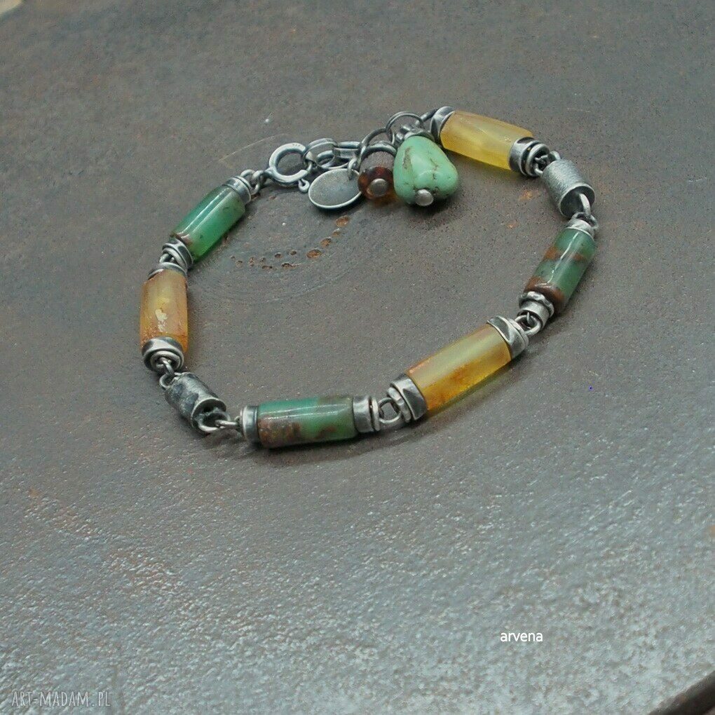Bransoletka bursztyn i chryzopraz ze srebra 925 oksydowanego - biżuteria autorska handmade