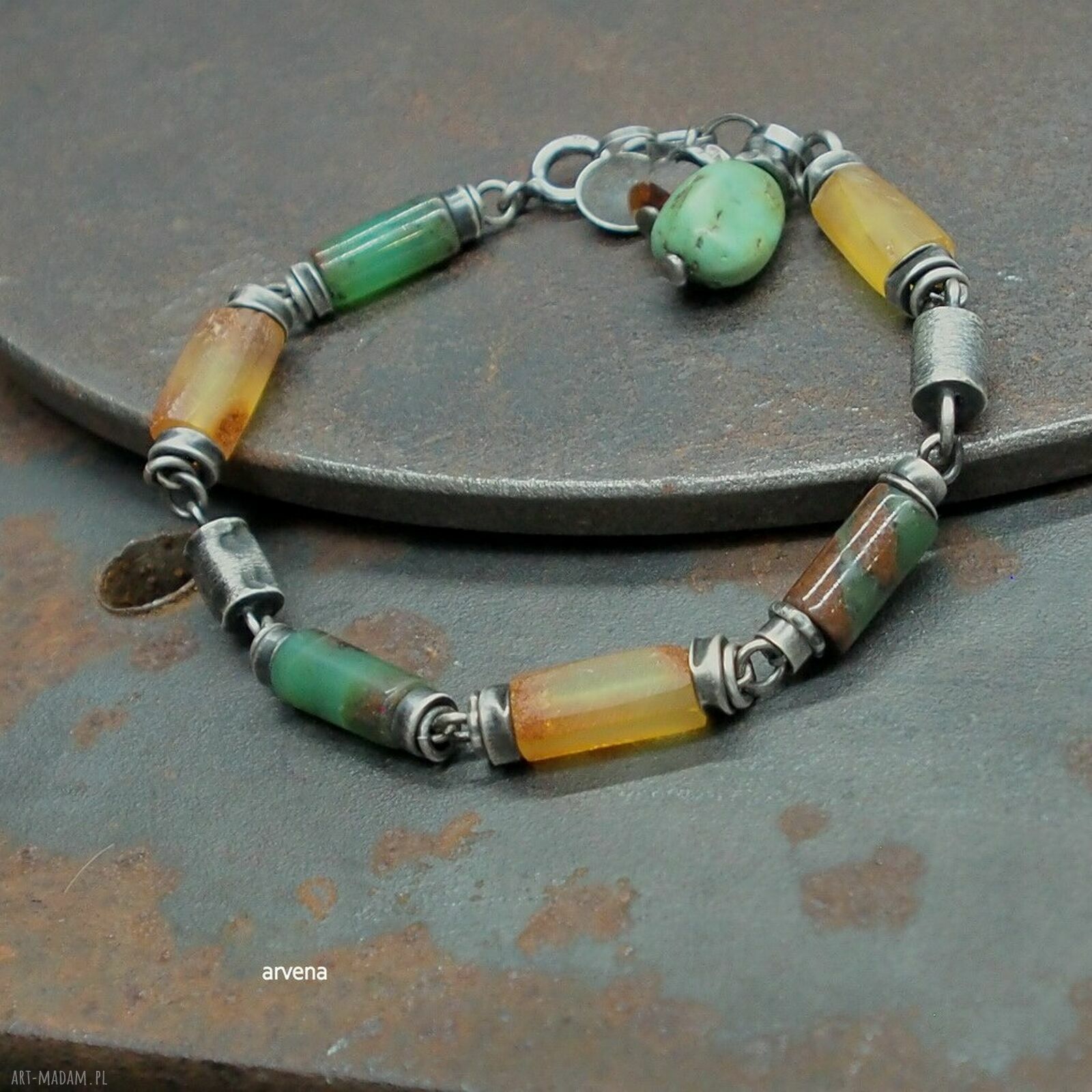 Bransoletka bursztyn i chryzopraz ze srebra 925 oksydowanego - biżuteria autorska handmade