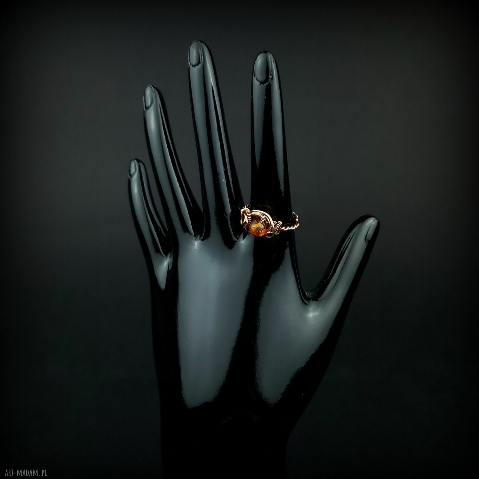 Bursztyn regulowany pierścionek z miedzi - wire wrapping