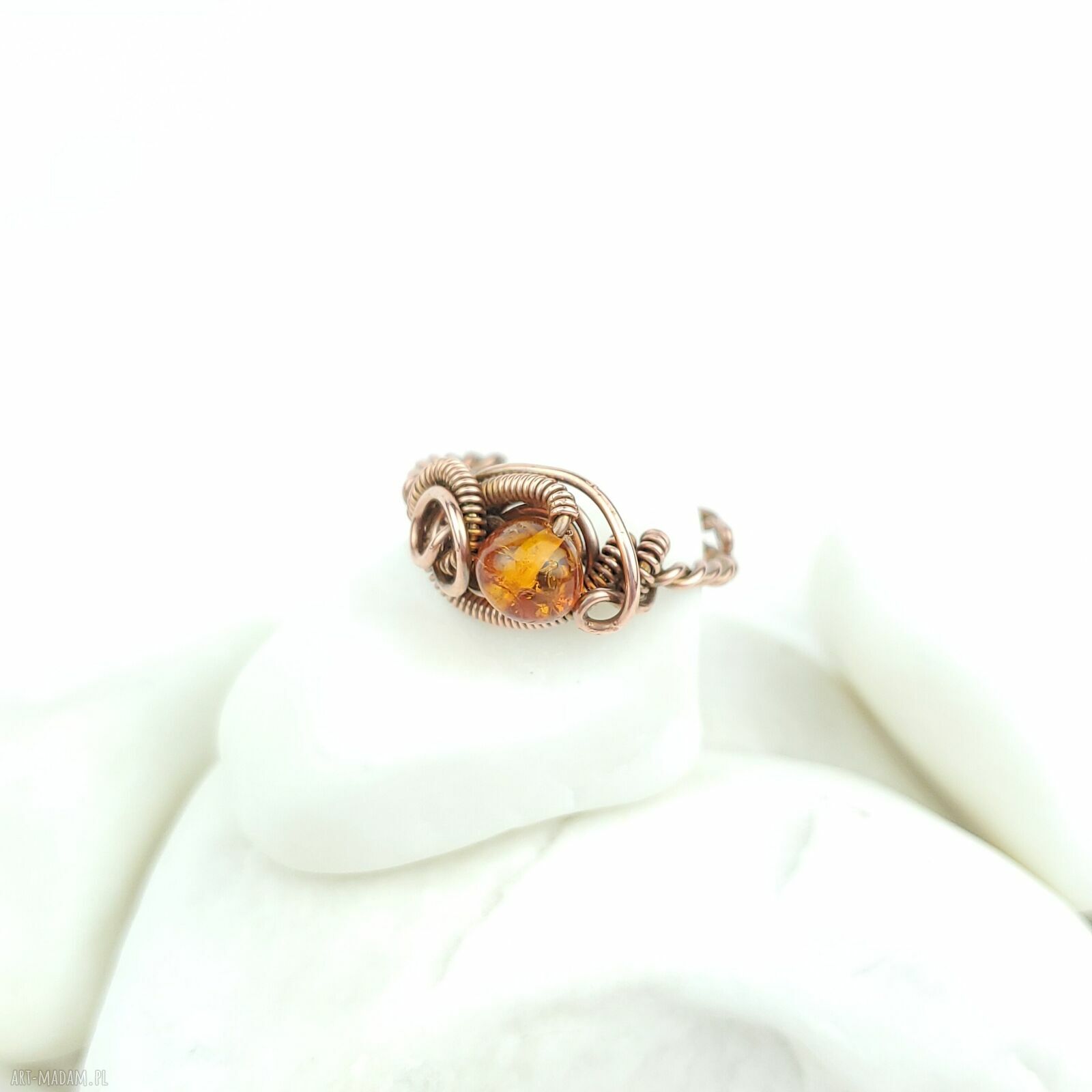 Bursztyn regulowany pierścionek z miedzi - wire wrapping