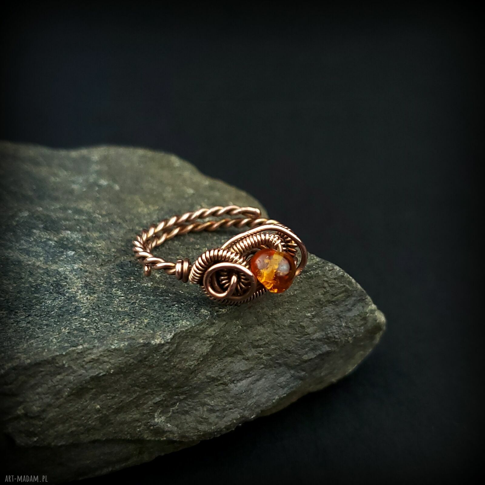 Bursztyn regulowany pierścionek z miedzi - wire wrapping