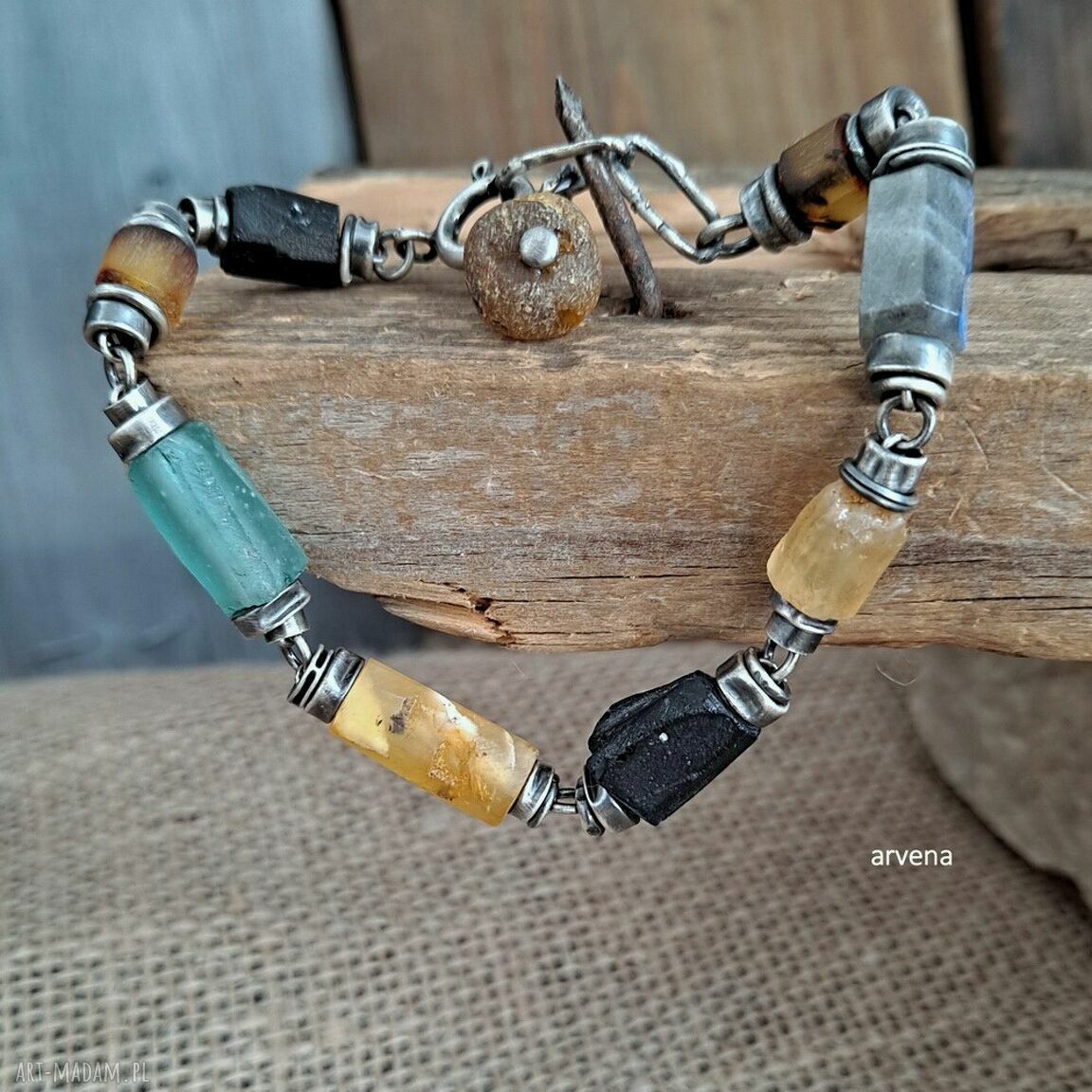 Bransoletka handmade: bursztyn i szkło afgańskie w oksydowanym srebrze 925
