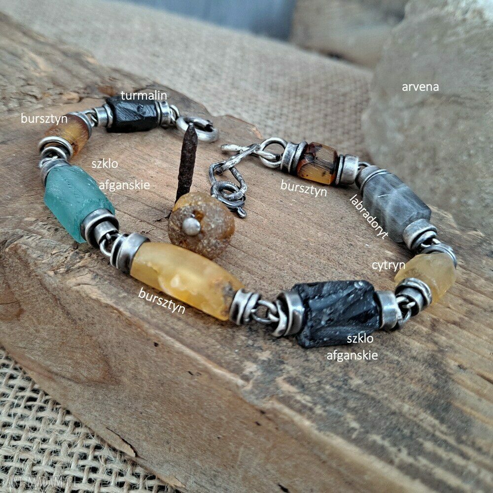 Bransoletka handmade: bursztyn i szkło afgańskie w oksydowanym srebrze 925