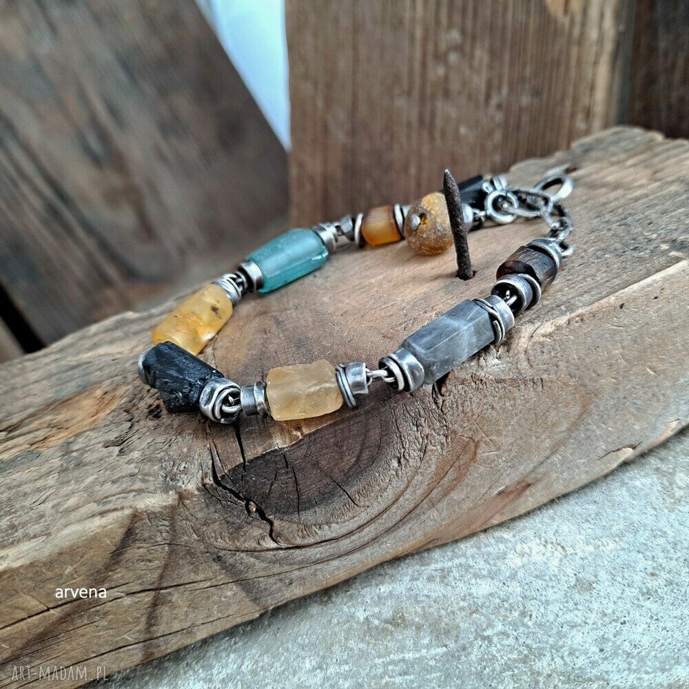 Bransoletka handmade: bursztyn i szkło afgańskie w oksydowanym srebrze 925