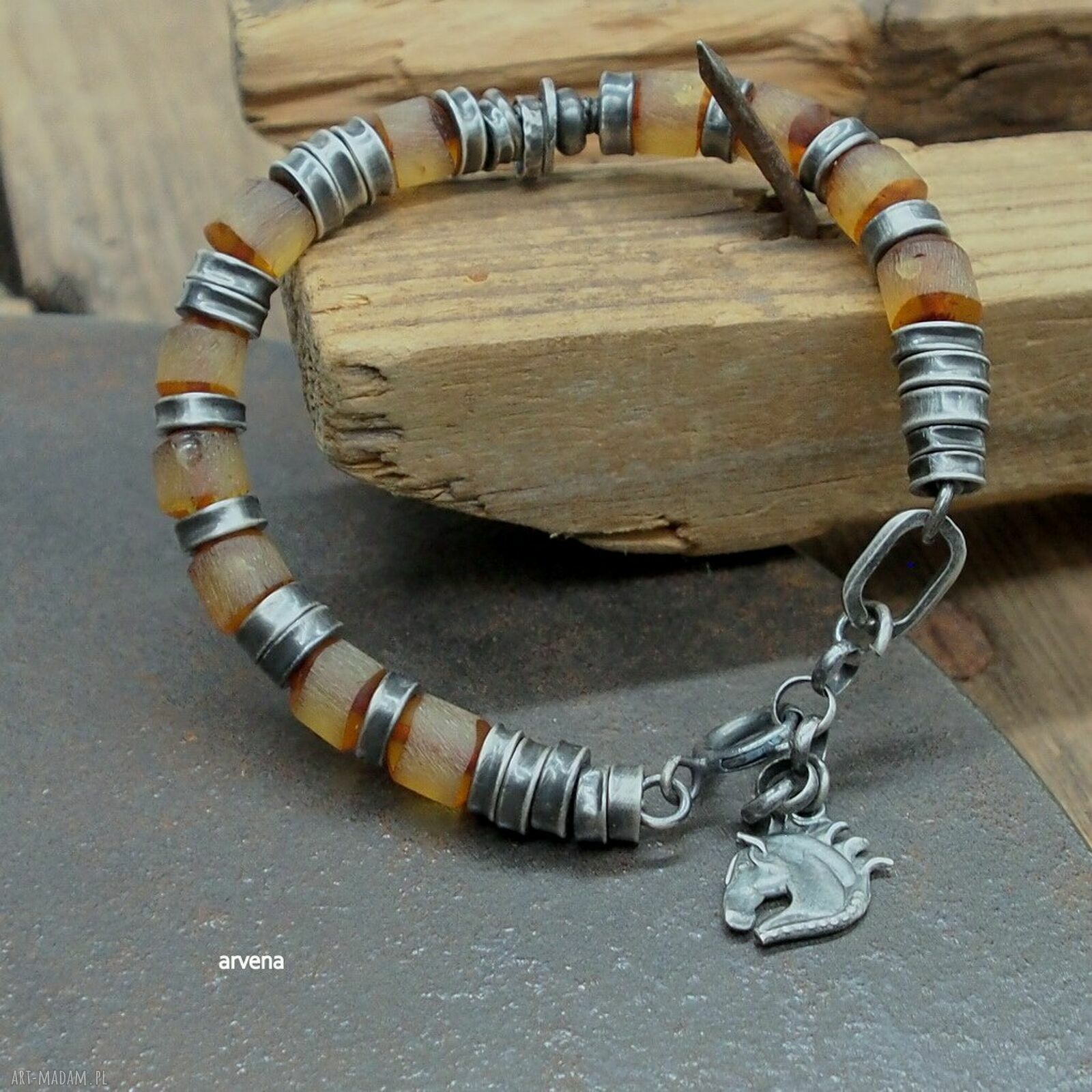 Bursztyn UNISEX - bransoletka z srebra 925 oksydowanego