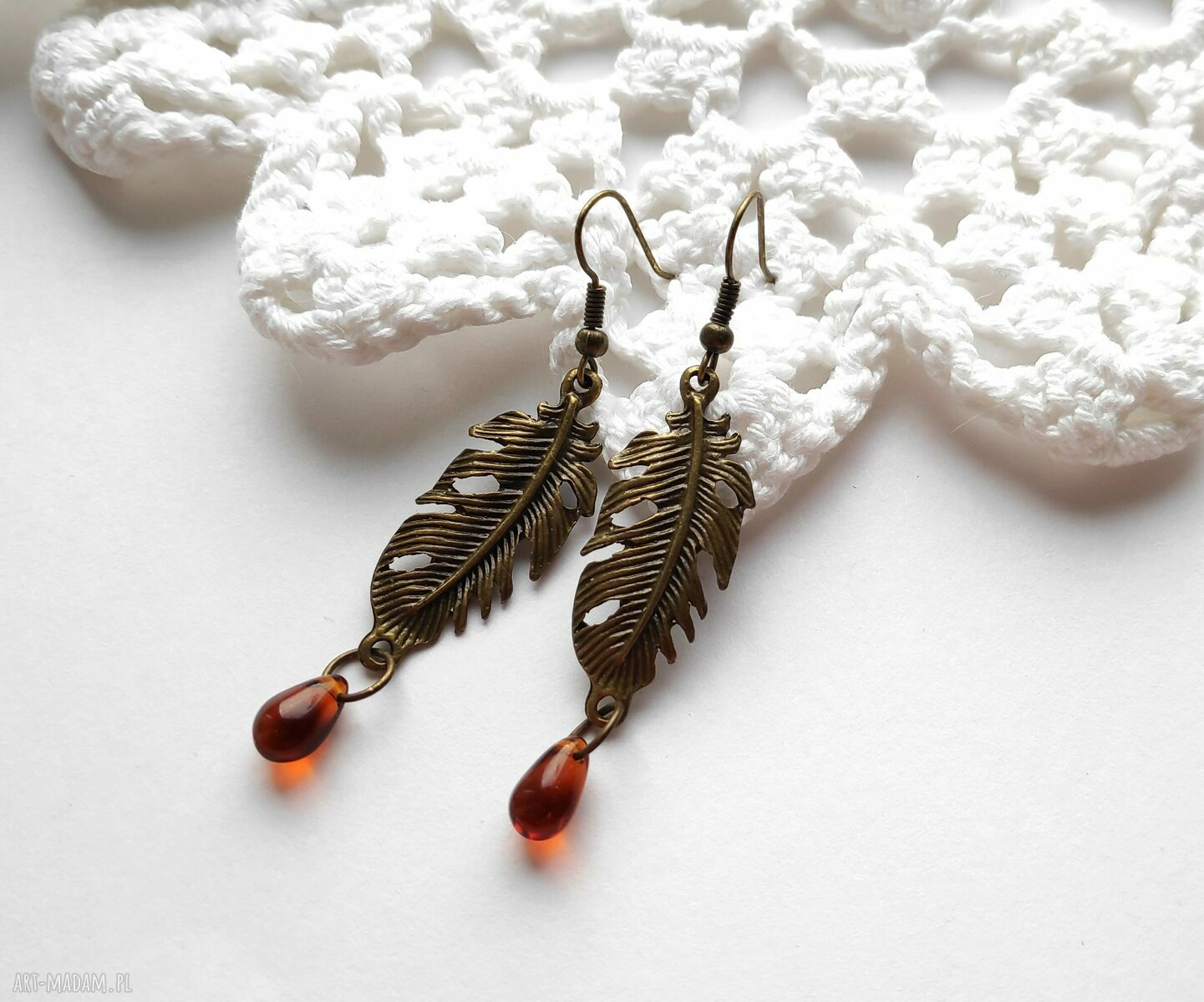 Kolczyki bursztynowe pióra vintage - lekkie i wiszące handmade