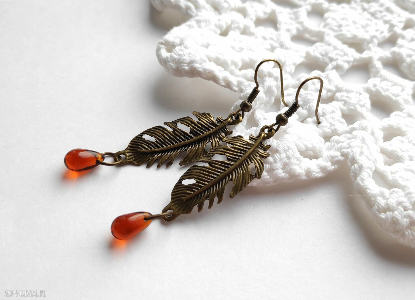 Kolczyki bursztynowe pióra vintage - lekkie i wiszące handmade