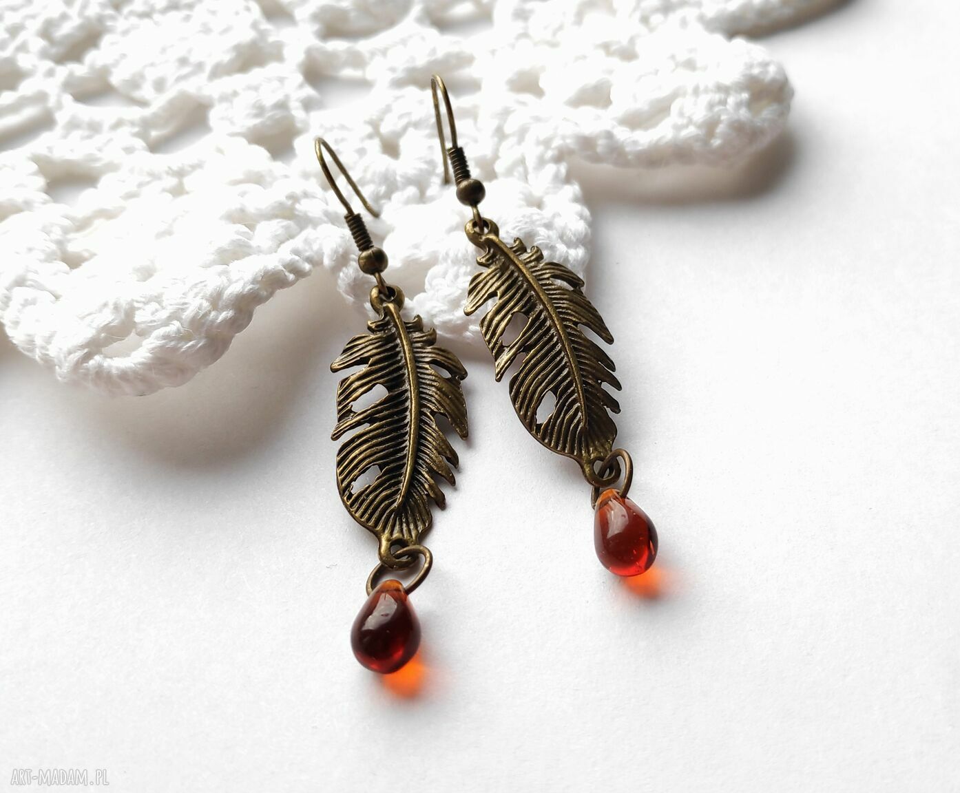 Kolczyki bursztynowe pióra vintage - lekkie i wiszące handmade