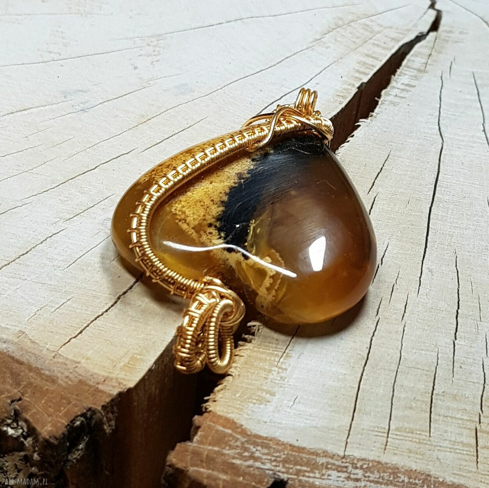 Wisiorek Bursztynowe Serce M298 - wire wrapping z bursztynu z Sumatry