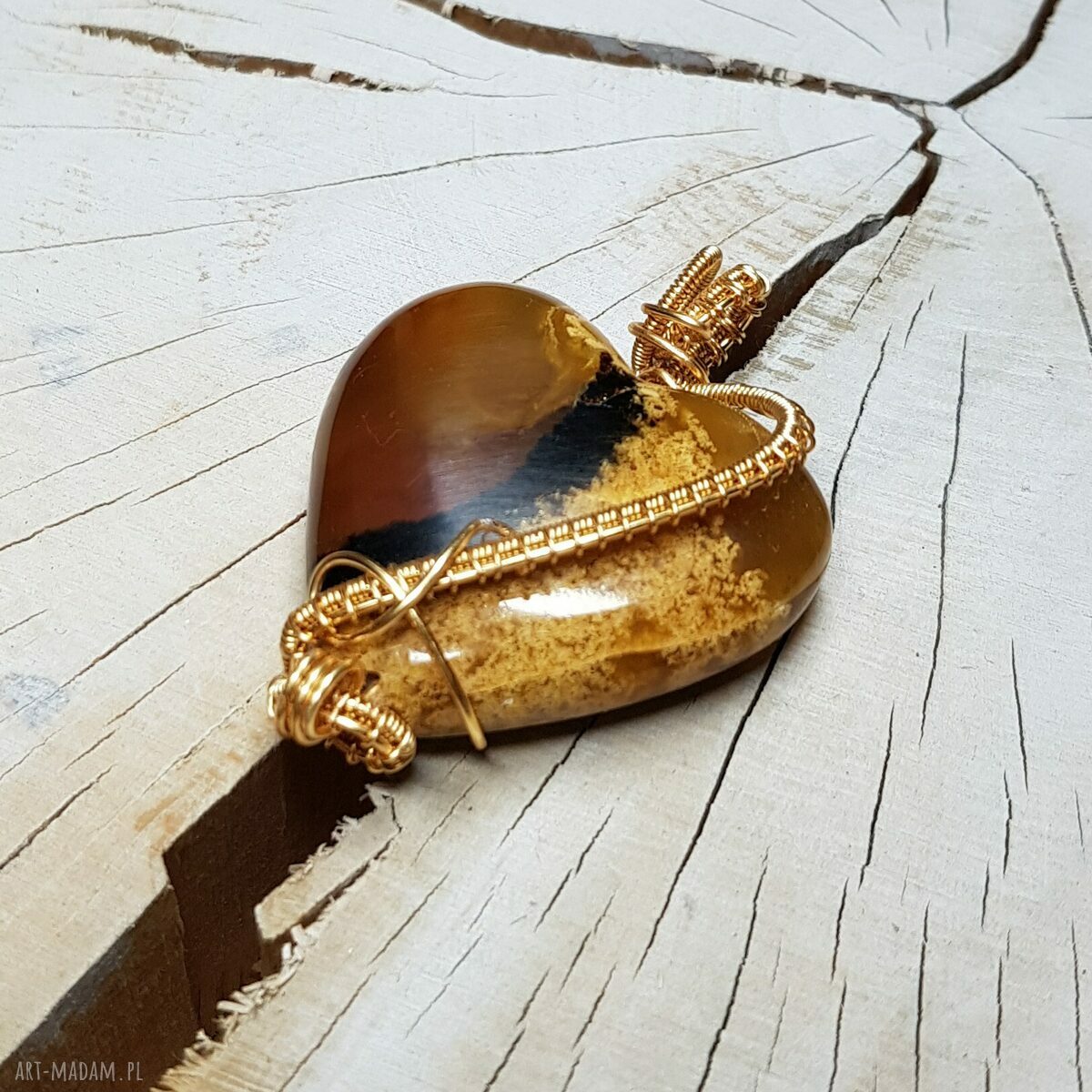 Wisiorek Bursztynowe Serce M298 - wire wrapping z bursztynu z Sumatry