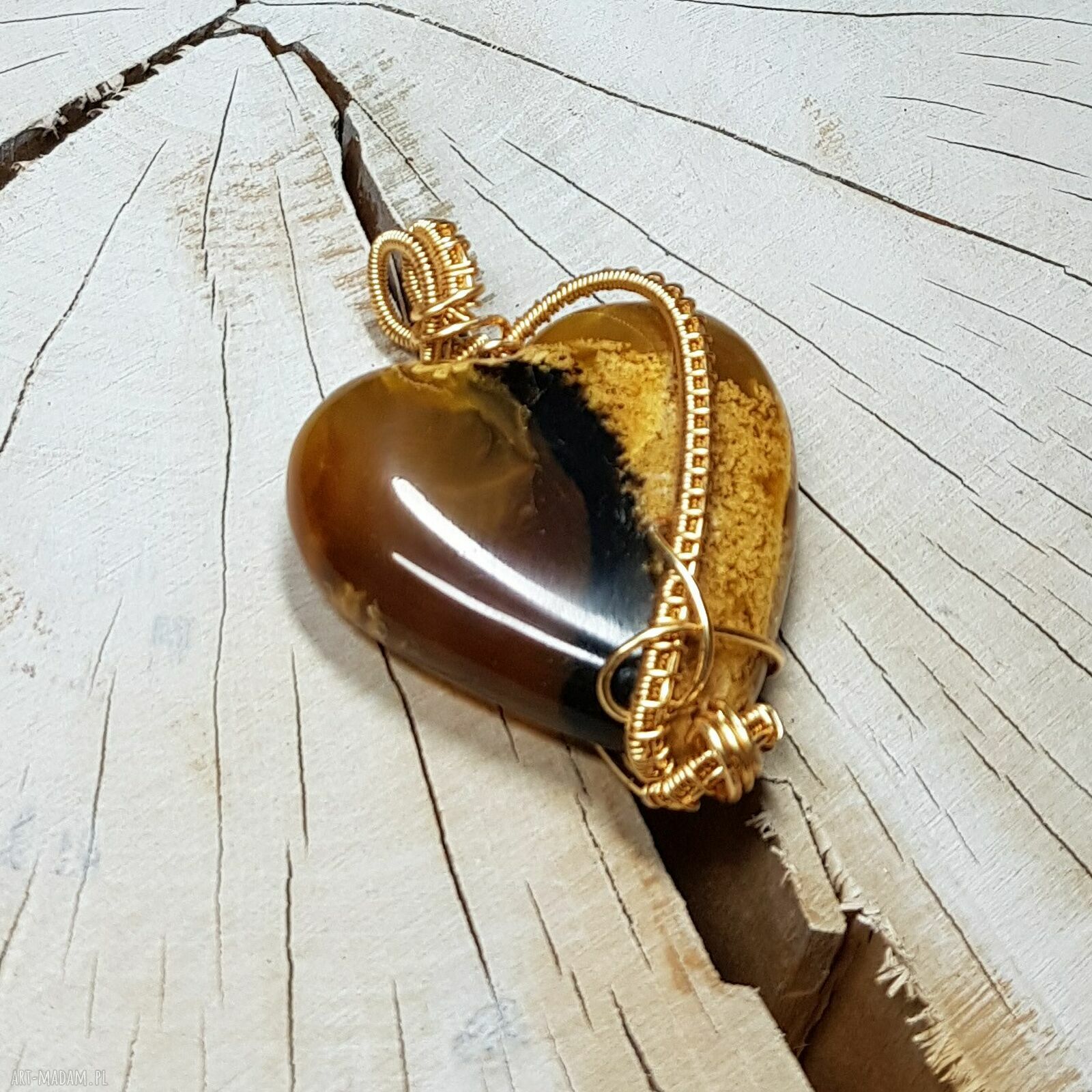 Wisiorek Bursztynowe Serce M298 - wire wrapping z bursztynu z Sumatry