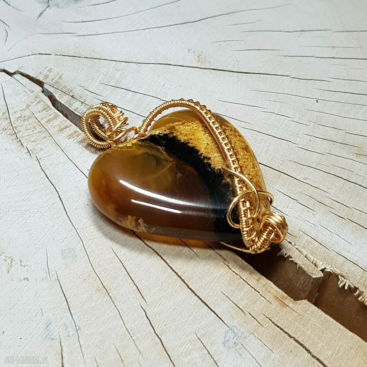 Wisiorek Bursztynowe Serce M298 - wire wrapping z bursztynu z Sumatry