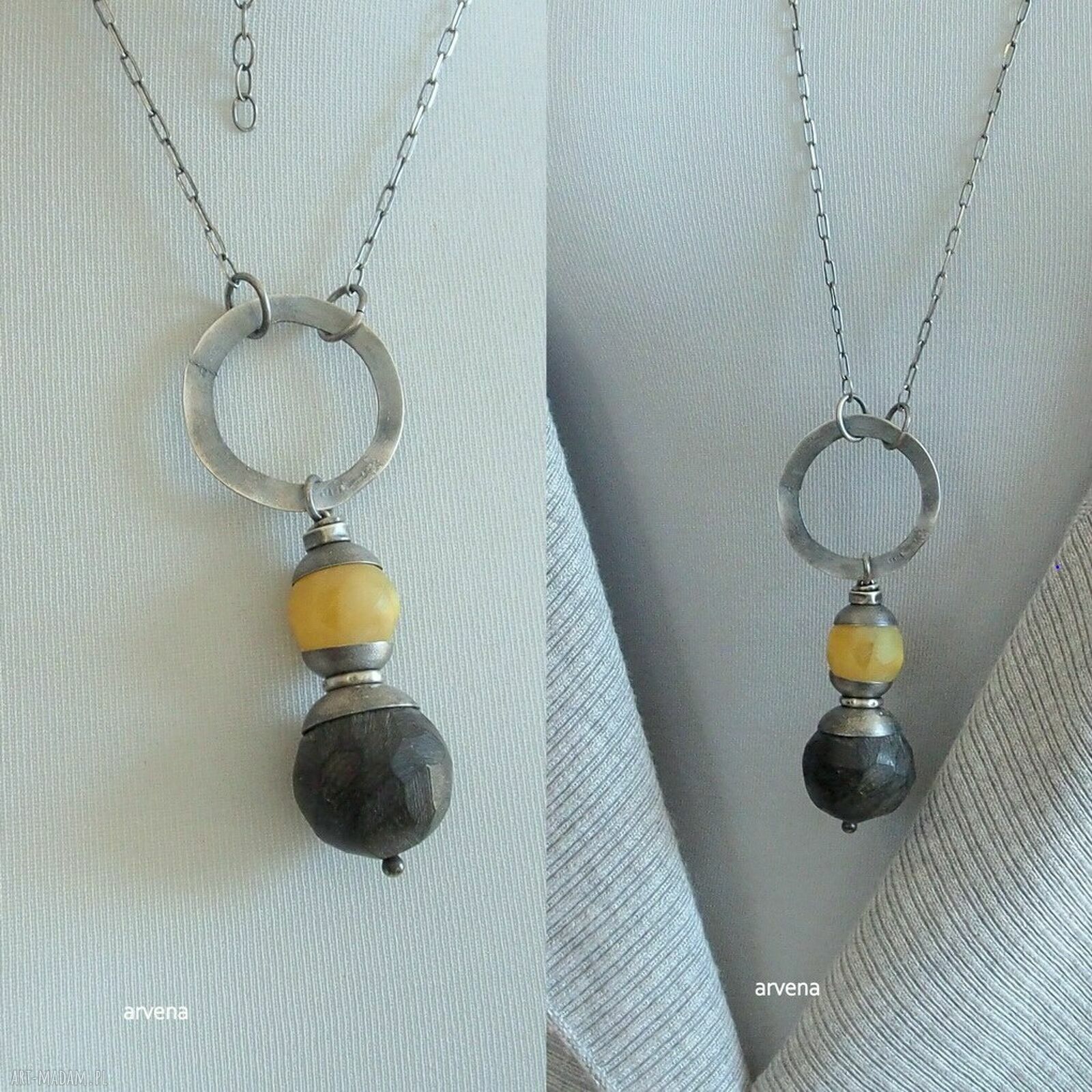Długi wisior 'Bursztyny dwa na kole' - autorska biżuteria handmade