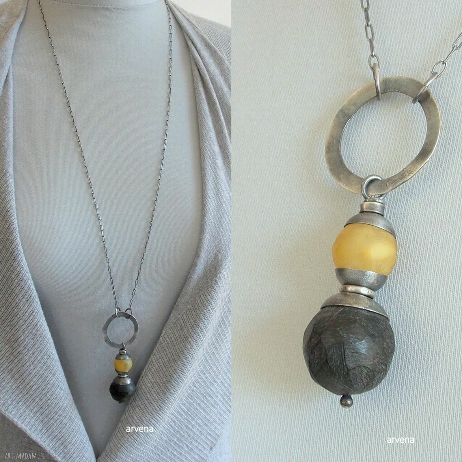 Długi wisior 'Bursztyny dwa na kole' - autorska biżuteria handmade