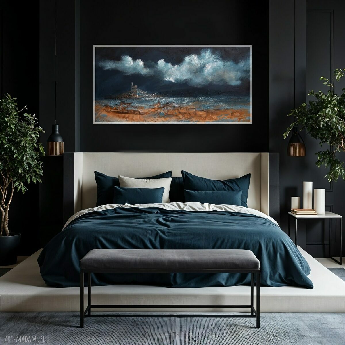 Burzowe niebo - nowoczesny pejzaż morski, obraz abstrakcyjny ręcznie malowany 120x60 cm