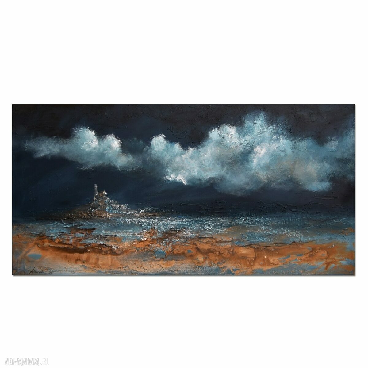 Burzowe niebo - nowoczesny pejzaż morski, obraz abstrakcyjny ręcznie malowany 120x60 cm
