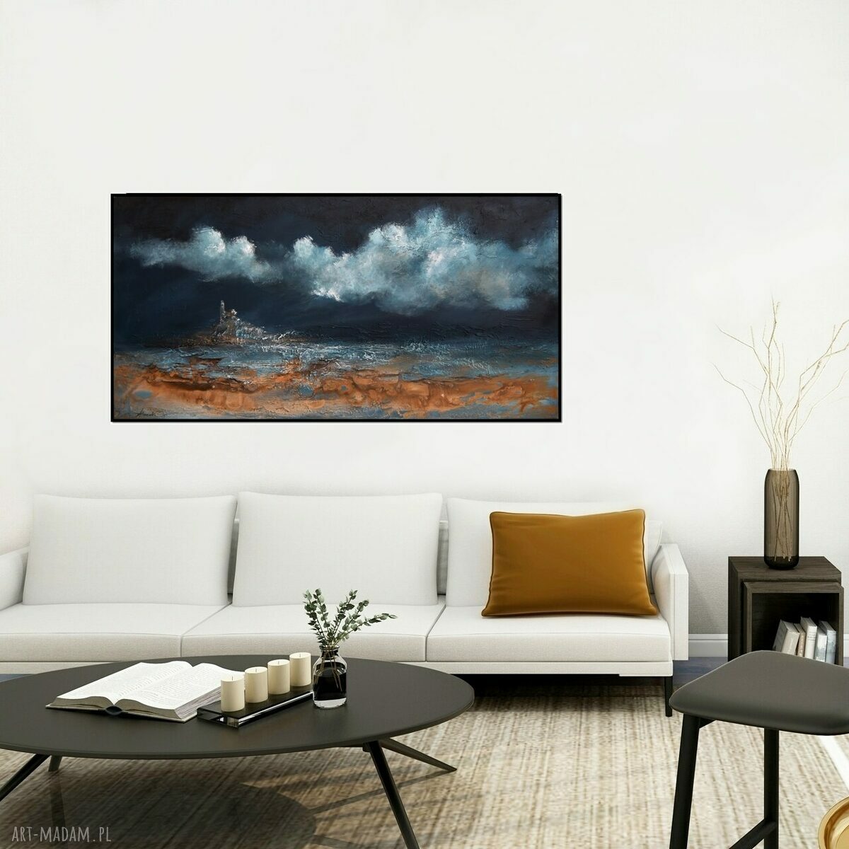 Burzowe niebo - nowoczesny pejzaż morski, obraz abstrakcyjny ręcznie malowany 120x60 cm