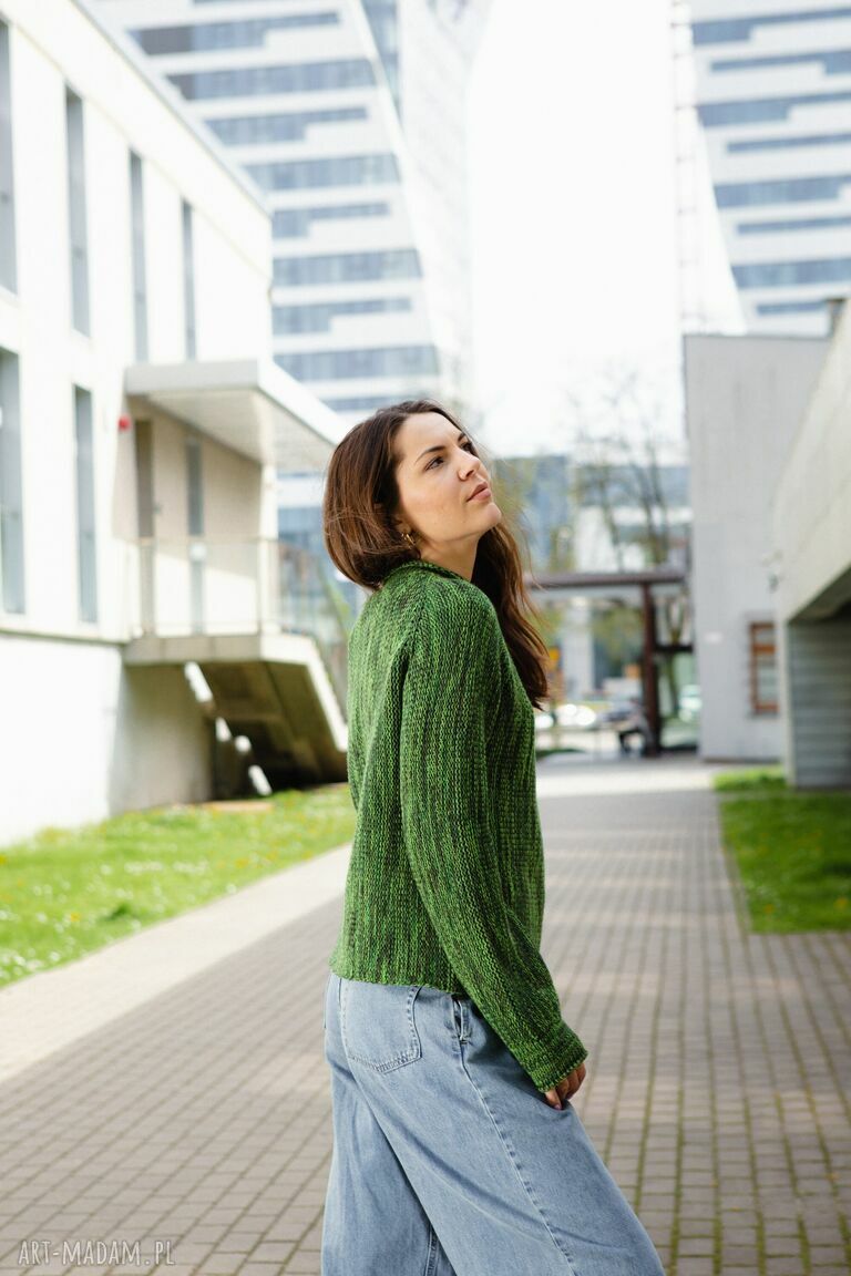 Luźny sweter typu raglan do pracy z krótkim golfikiem - zielony melanż